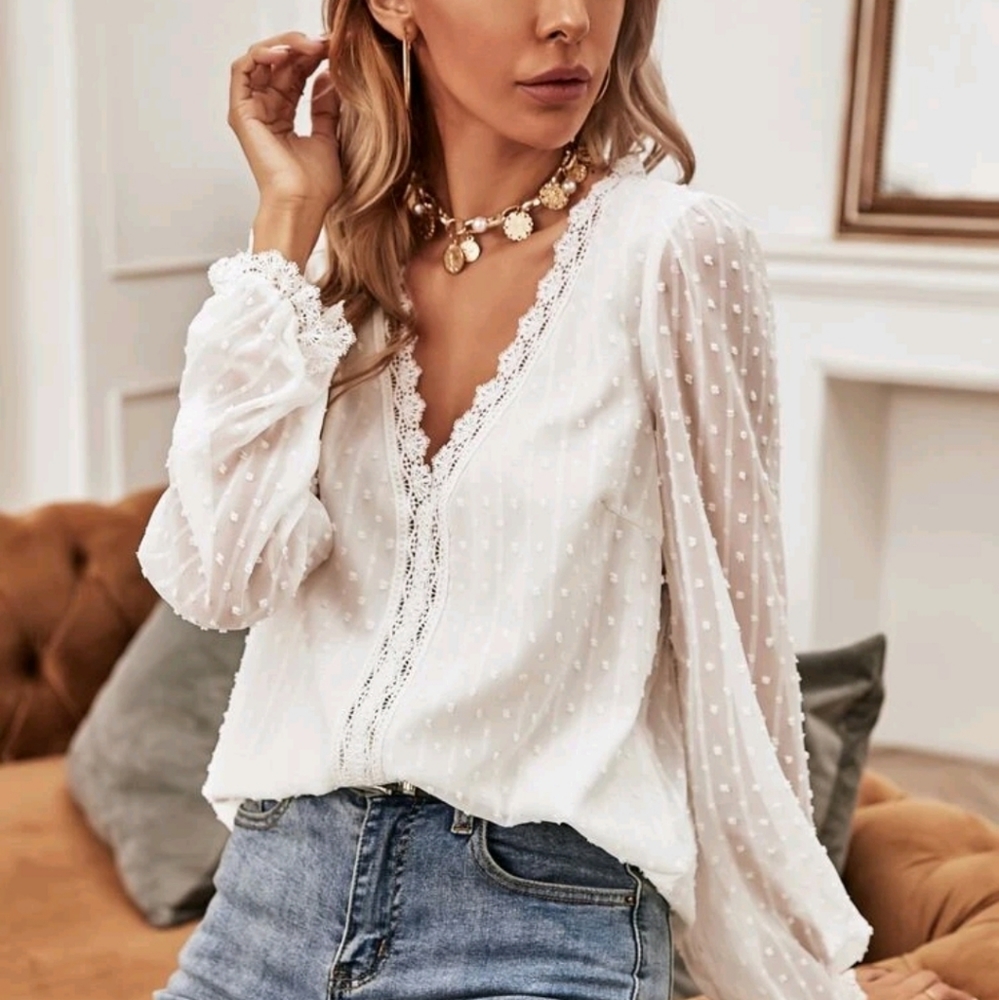 NEW White Swiss Dot Lace Panel Sleeve Blouse - Picture 4 of 8